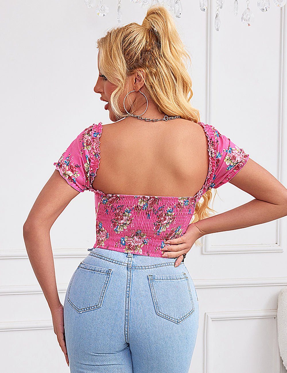 Pink Printed Corset with Puff Sleeves & Heart Bustier - TeaseFashion