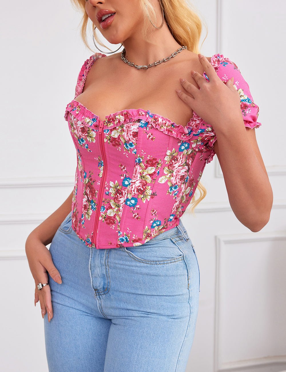 Pink Printed Corset with Puff Sleeves & Heart Bustier - TeaseFashion