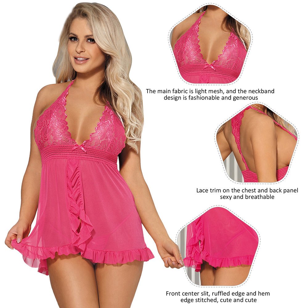 Pink Ruffled - Slit Lace - Back Halter Mesh Babydoll & Thong Set - TeaseFashion
