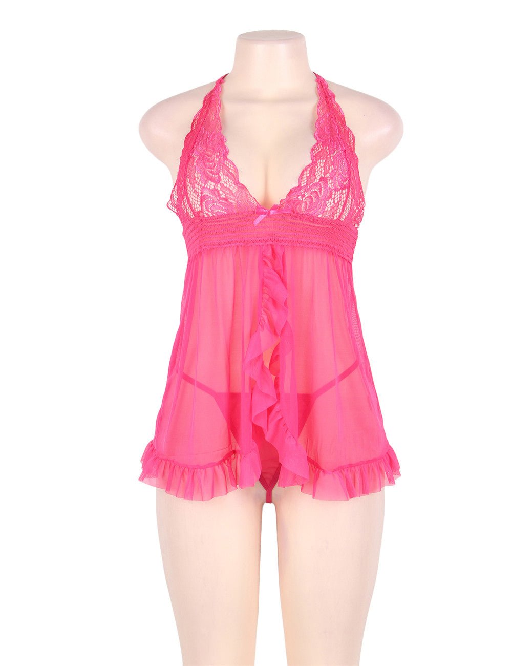Pink Ruffled - Slit Lace - Back Halter Mesh Babydoll & Thong Set - TeaseFashion