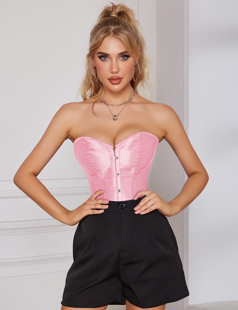 Pink Satin Corset with Mesh Lantern Sleeves & Steel Buckle - TeaseFashion
