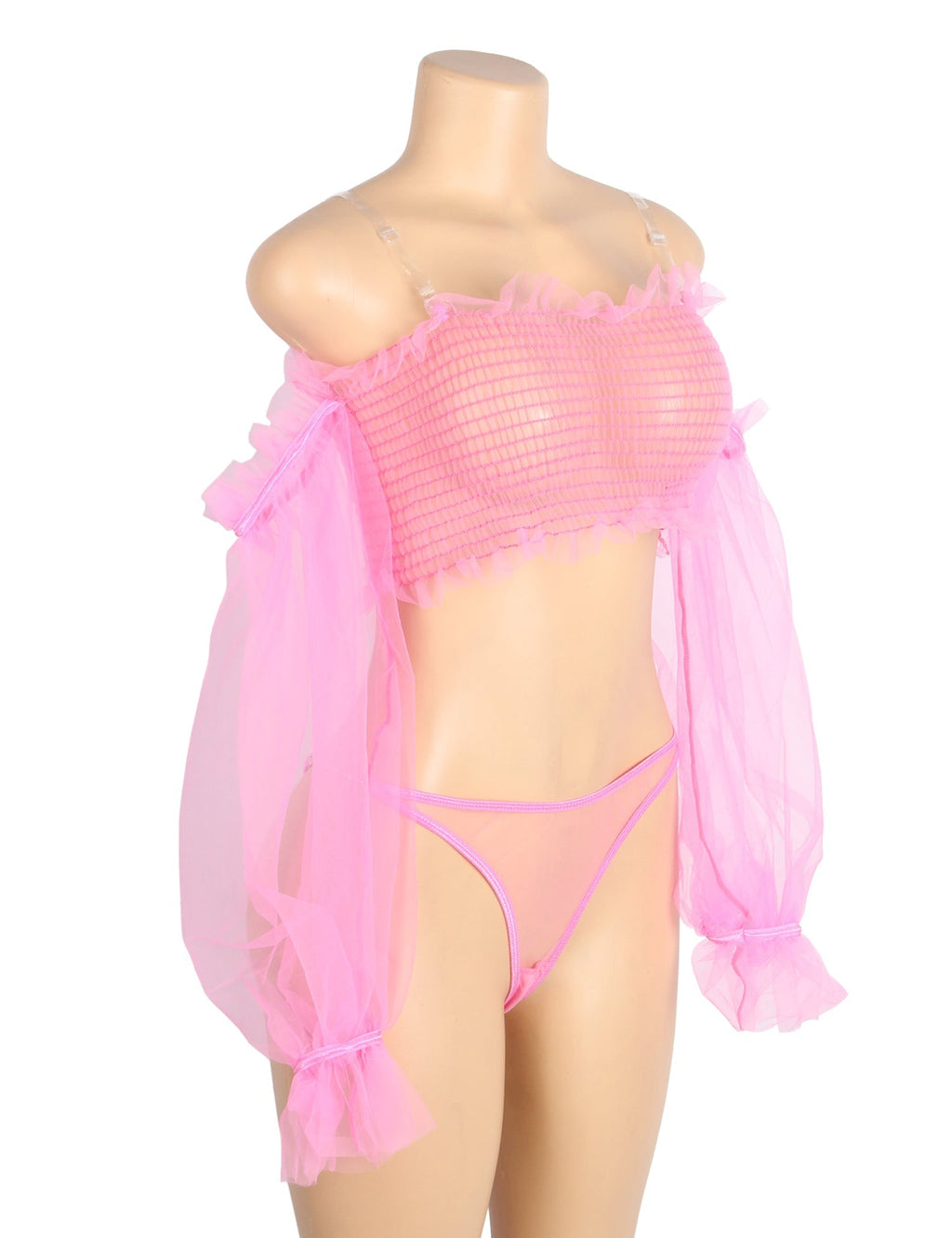 Pink See - Through Mesh Lingerie Set – One - Shoulder & Metal Chain - TeaseFashion