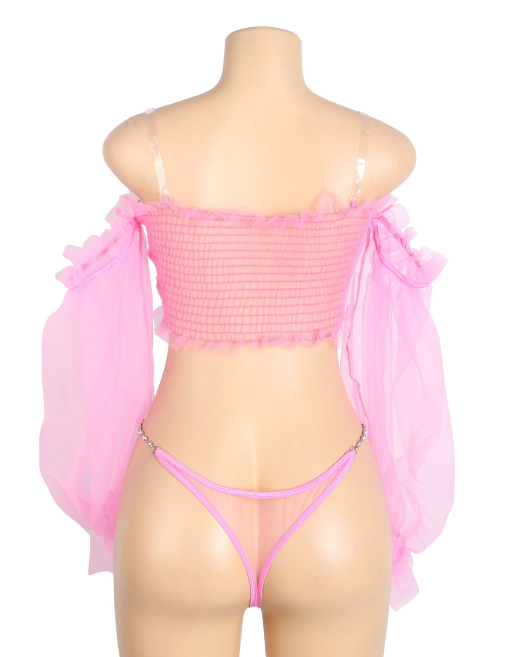 Pink See - Through Mesh Lingerie Set – One - Shoulder & Metal Chain - TeaseFashion