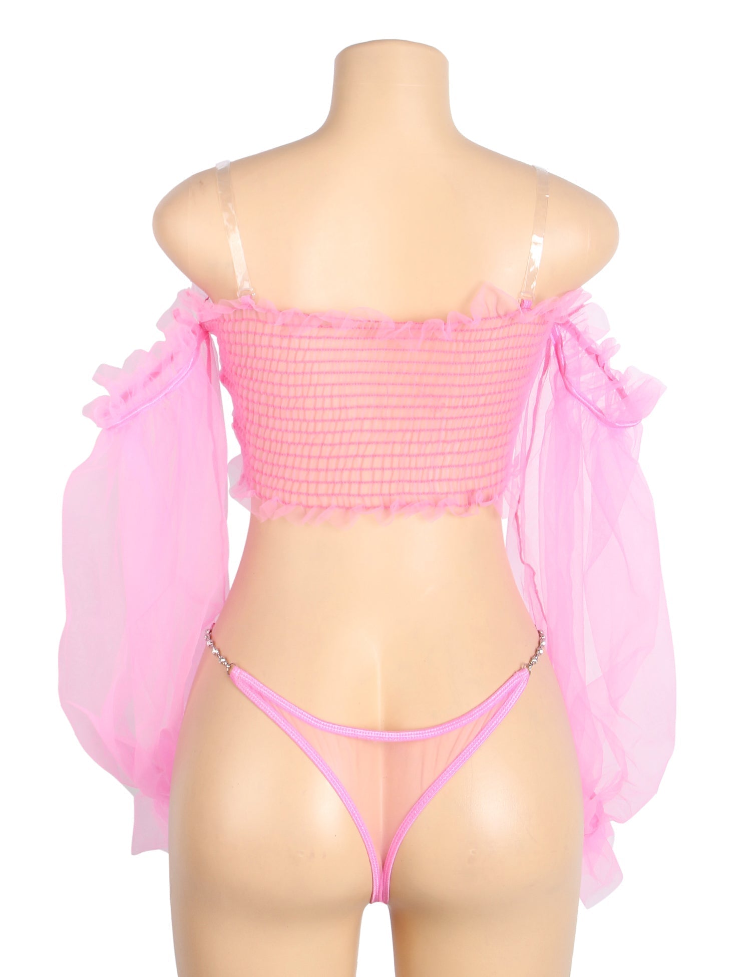 Pink See - Through Mesh Lingerie Set – One - Shoulder & Metal Chain - TeaseFashion