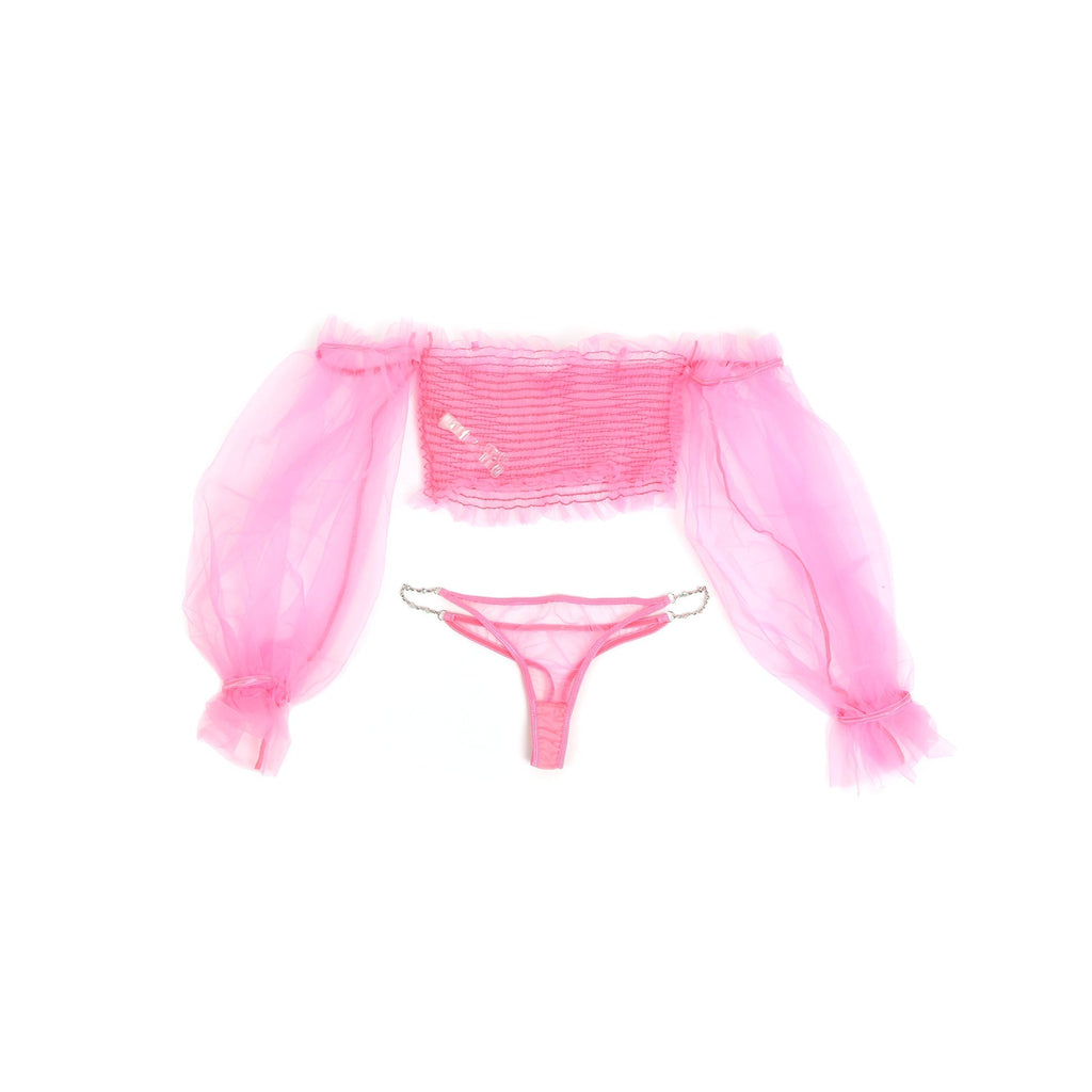 Pink See - Through Mesh Lingerie Set – One - Shoulder & Metal Chain - TeaseFashion