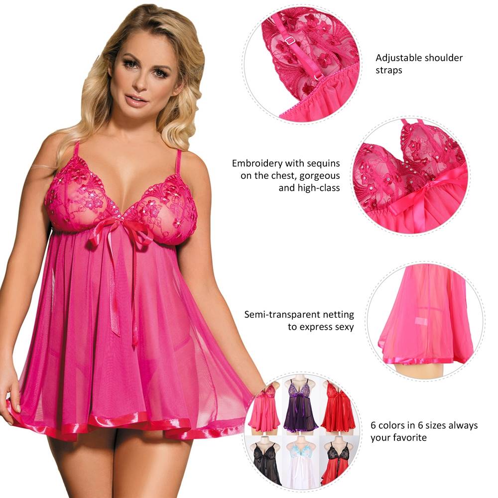 Pink Sequin - Embroidered Mesh Babydoll & Thong Set - TeaseFashion