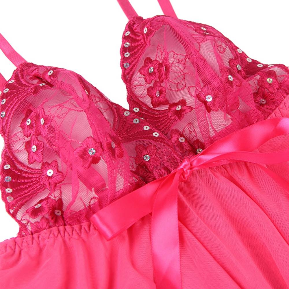 Pink Sequin - Embroidered Mesh Babydoll & Thong Set - TeaseFashion