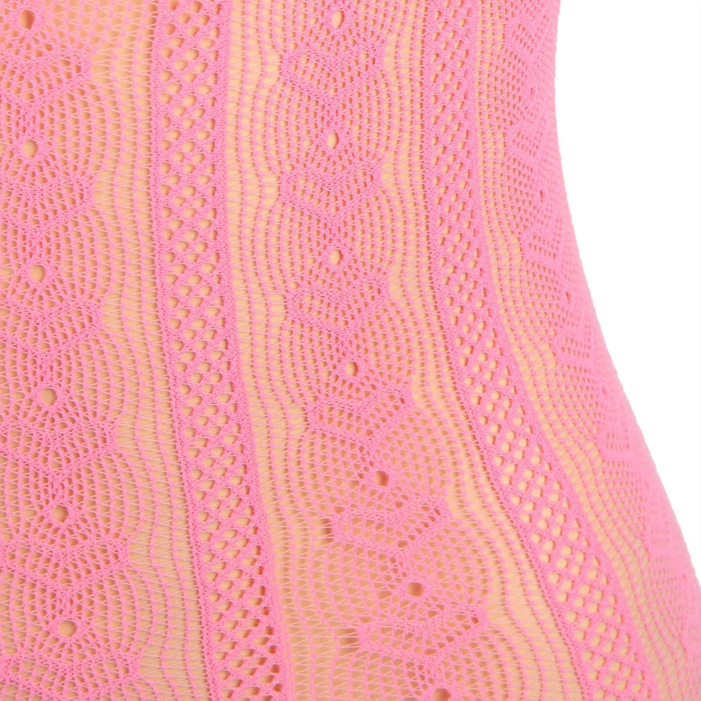 Pink Sexy Long Sleeves Hollow Out Bow Bodystocking - TeaseFashion