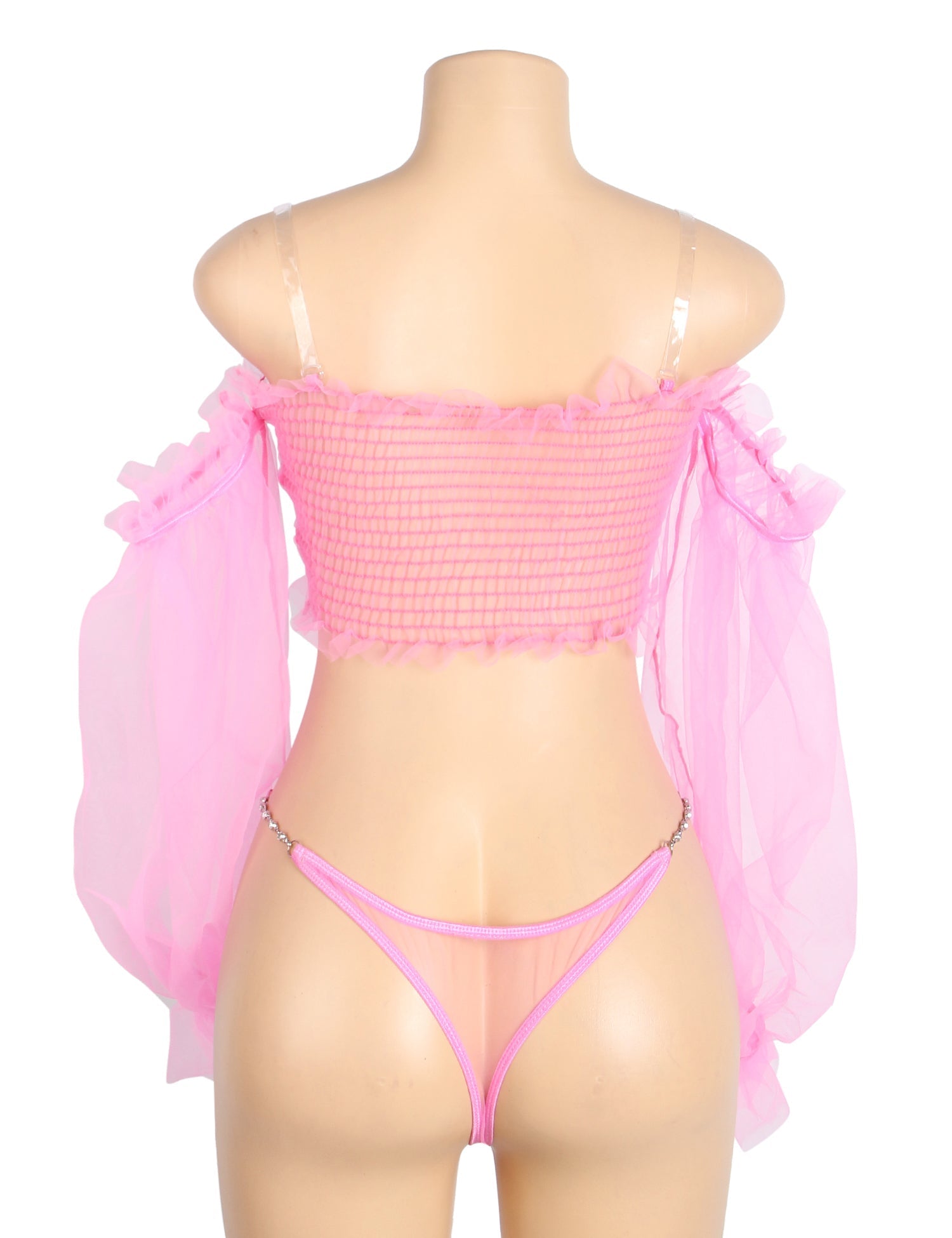 Pink Sexy See Through Mesh Metal Chain Long Sleeves Lingerie Set - TeaseFashion