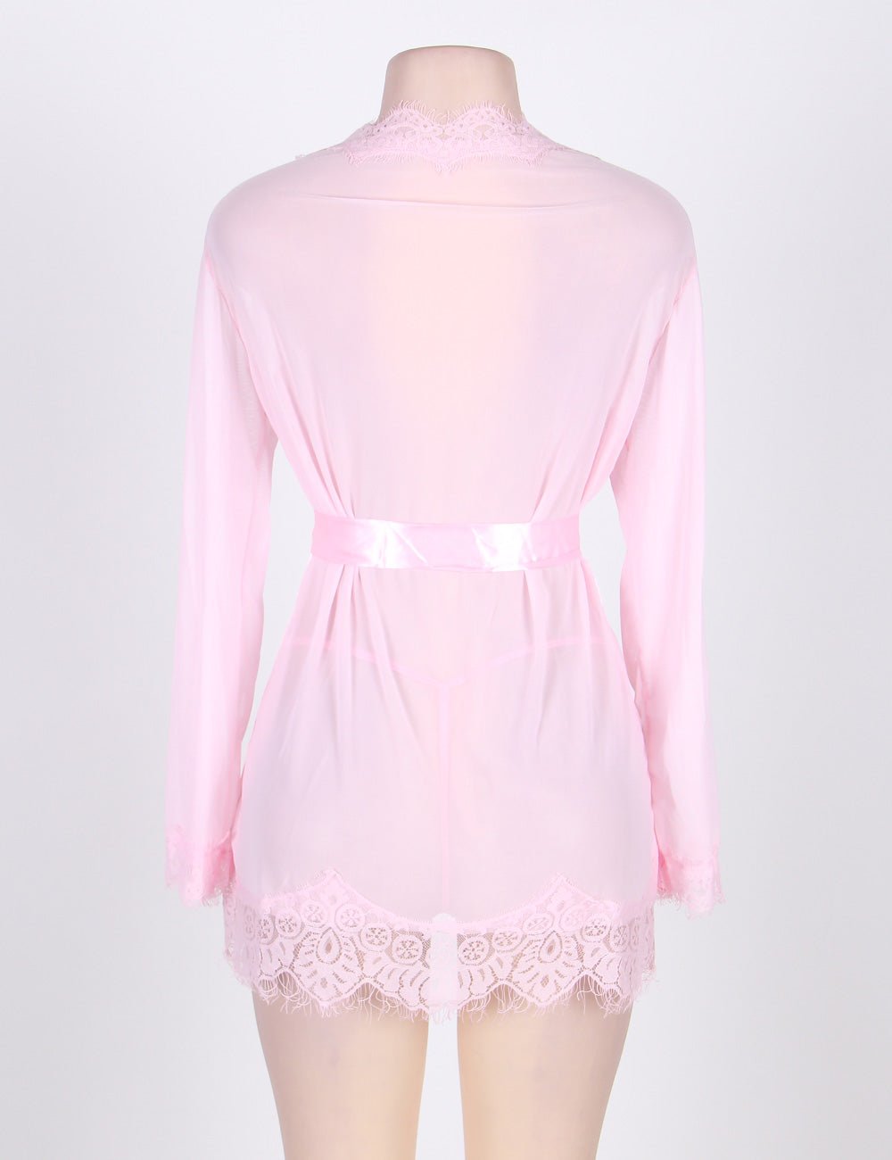 Pink Sheer Mesh Robe – Eyelash Lace Trim, Satin Belt & Thong Set - TeaseFashion