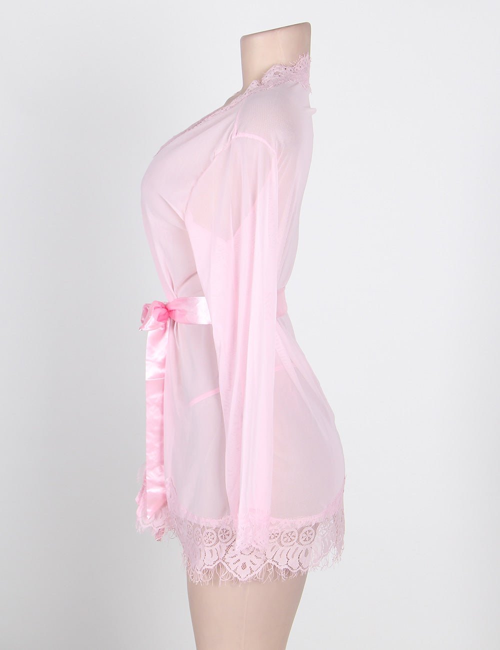 Pink Sheer Mesh Robe – Eyelash Lace Trim, Satin Belt & Thong Set - TeaseFashion