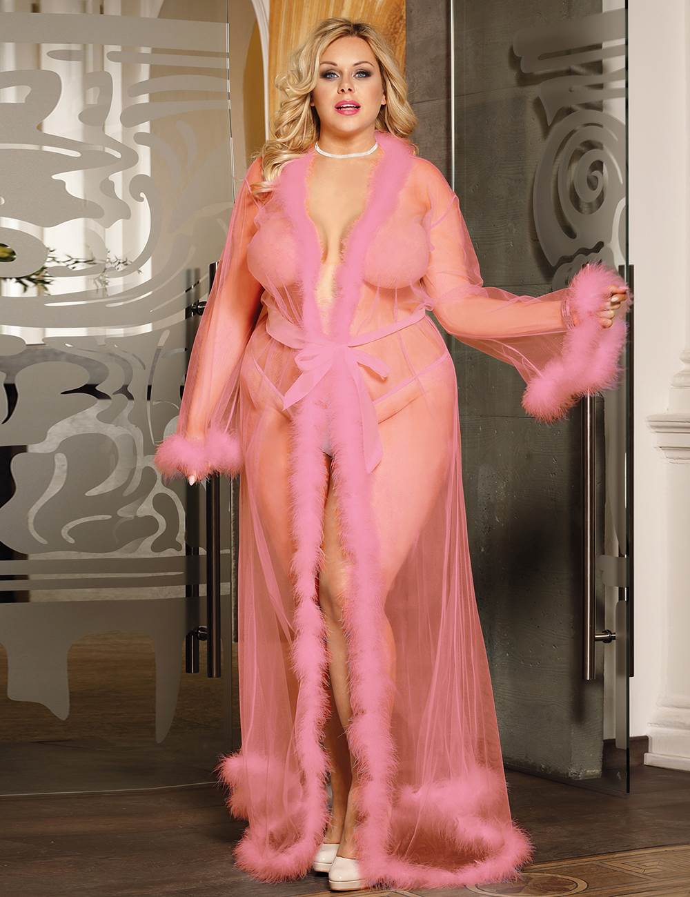 Pink Sheer Mesh Robe – Plush Edging, Floor - Length Skirt, Long Sleeves, Open Front & Waist Belt - TeaseFashion