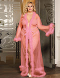 Pink Sheer Mesh Robe – Plush Edging, Floor - Length Skirt, Long Sleeves, Open Front & Waist Belt - TeaseFashion