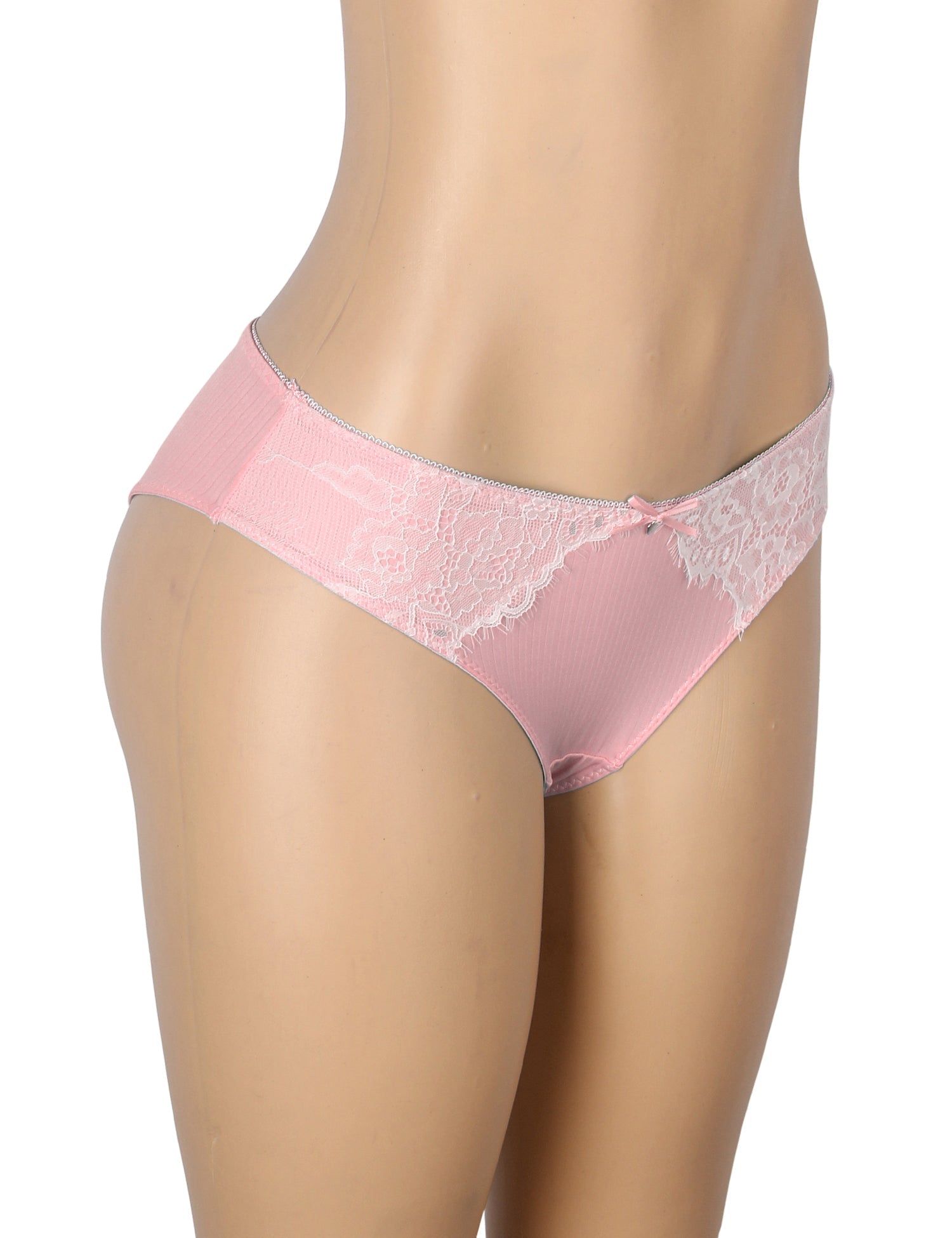 Pink Striped Brief with Lace Trim & Bow Detail - TeaseFashion