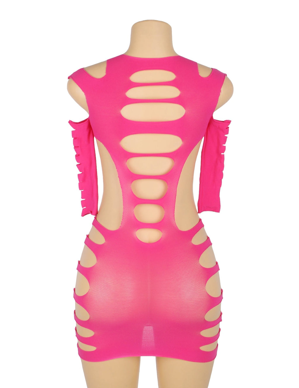 Pink Striped Hollow - Out Long - Sleeve Bodycon Bodysuit - TeaseFashion