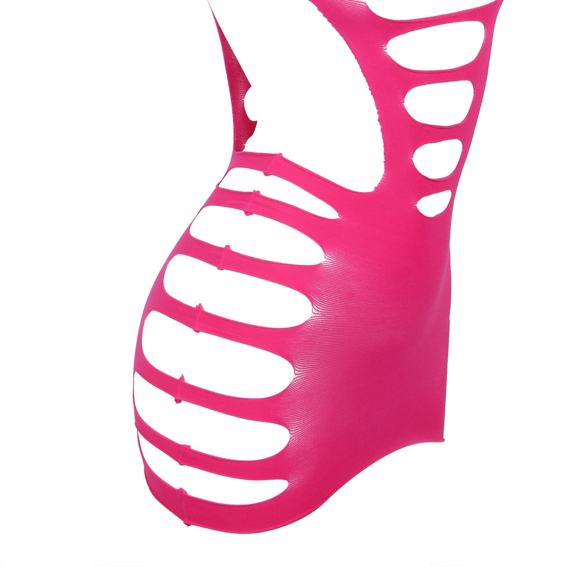 Pink Striped Hollow - Out Long - Sleeve Bodycon Bodysuit - TeaseFashion