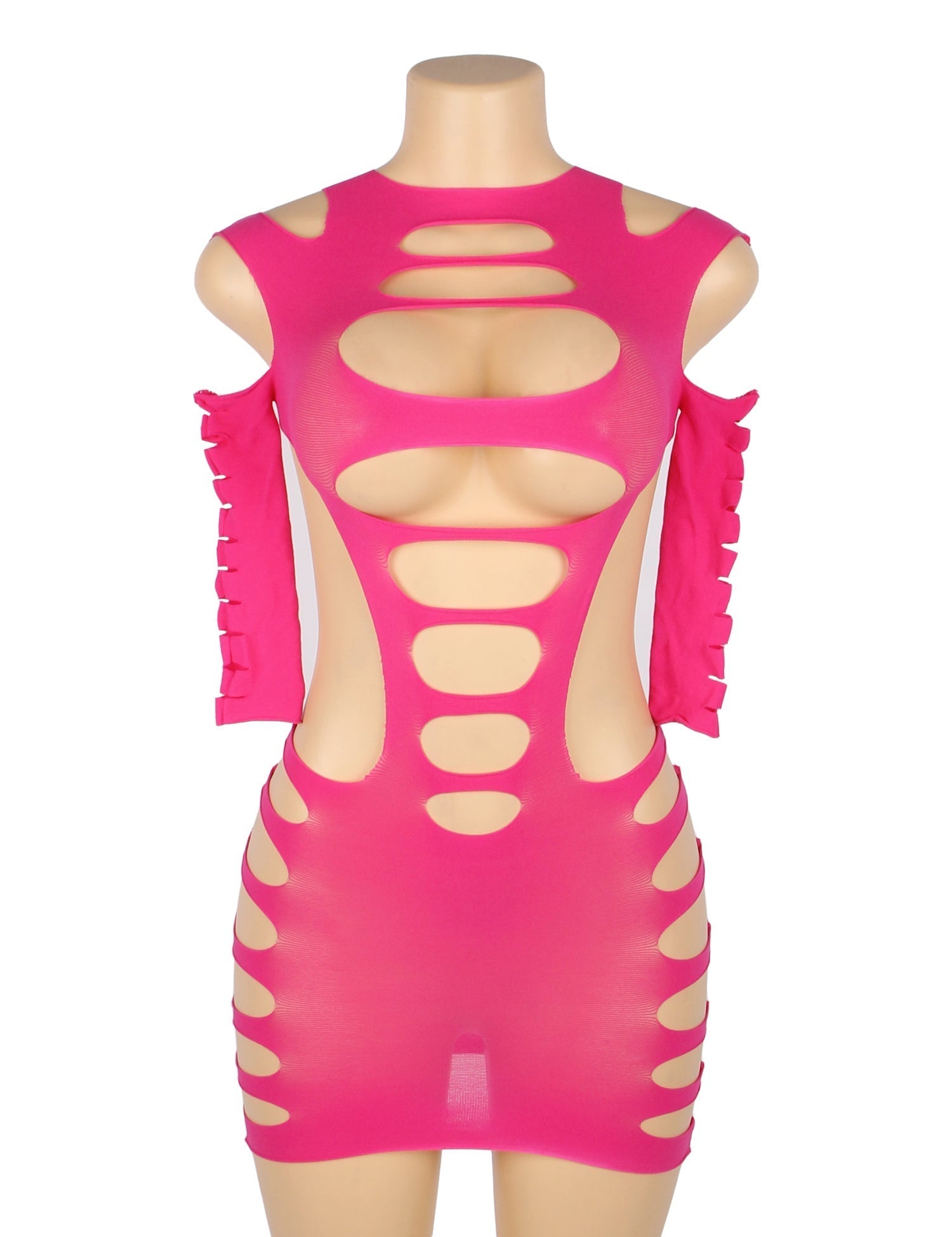 Pink Striped Hollow - Out Long - Sleeve Bodycon Bodysuit - TeaseFashion
