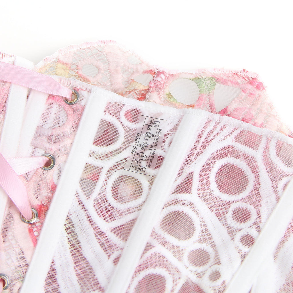 Printed Hollow Lace - Up Corset with 14 Steel Bones - TeaseFashion
