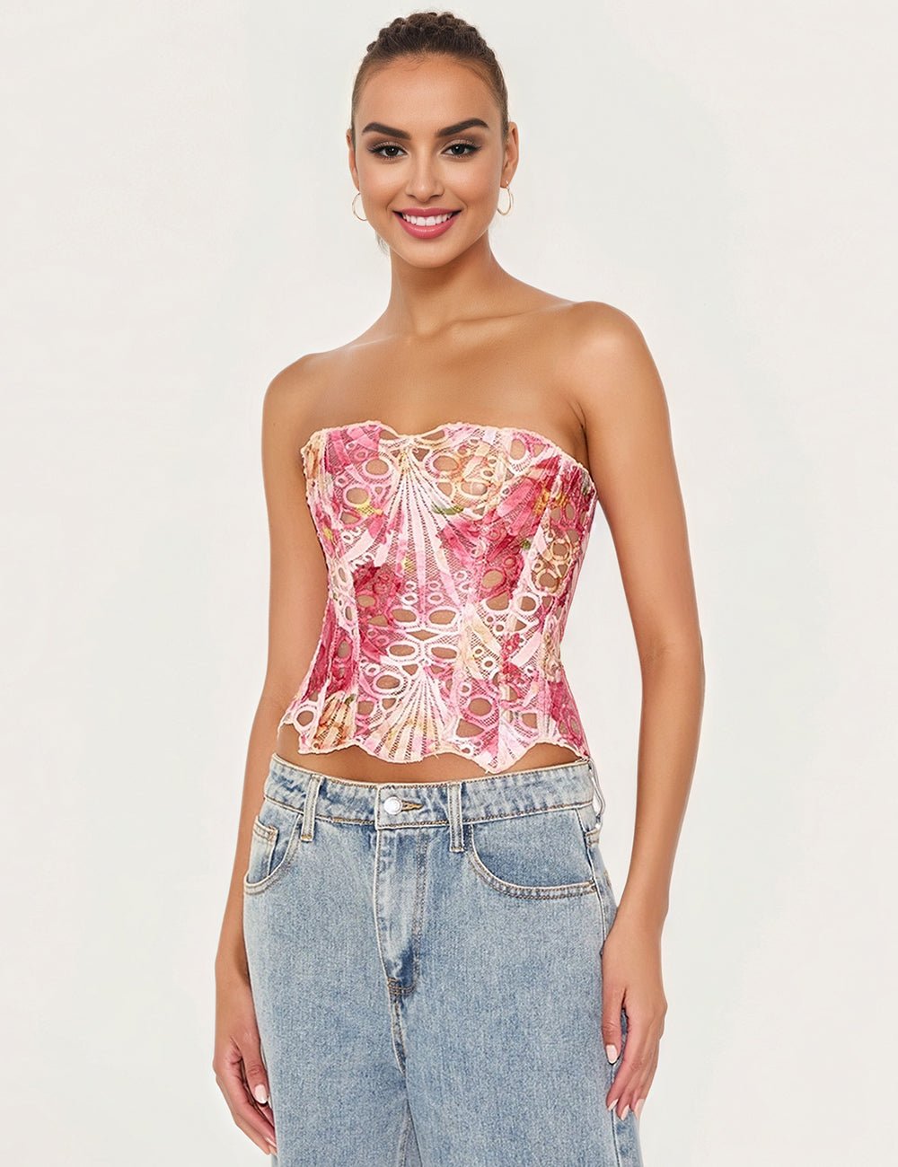 Printed Hollow Lace - Up Corset with 14 Steel Bones - TeaseFashion