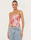 Printed Hollow Lace - Up Corset with 14 Steel Bones - TeaseFashion