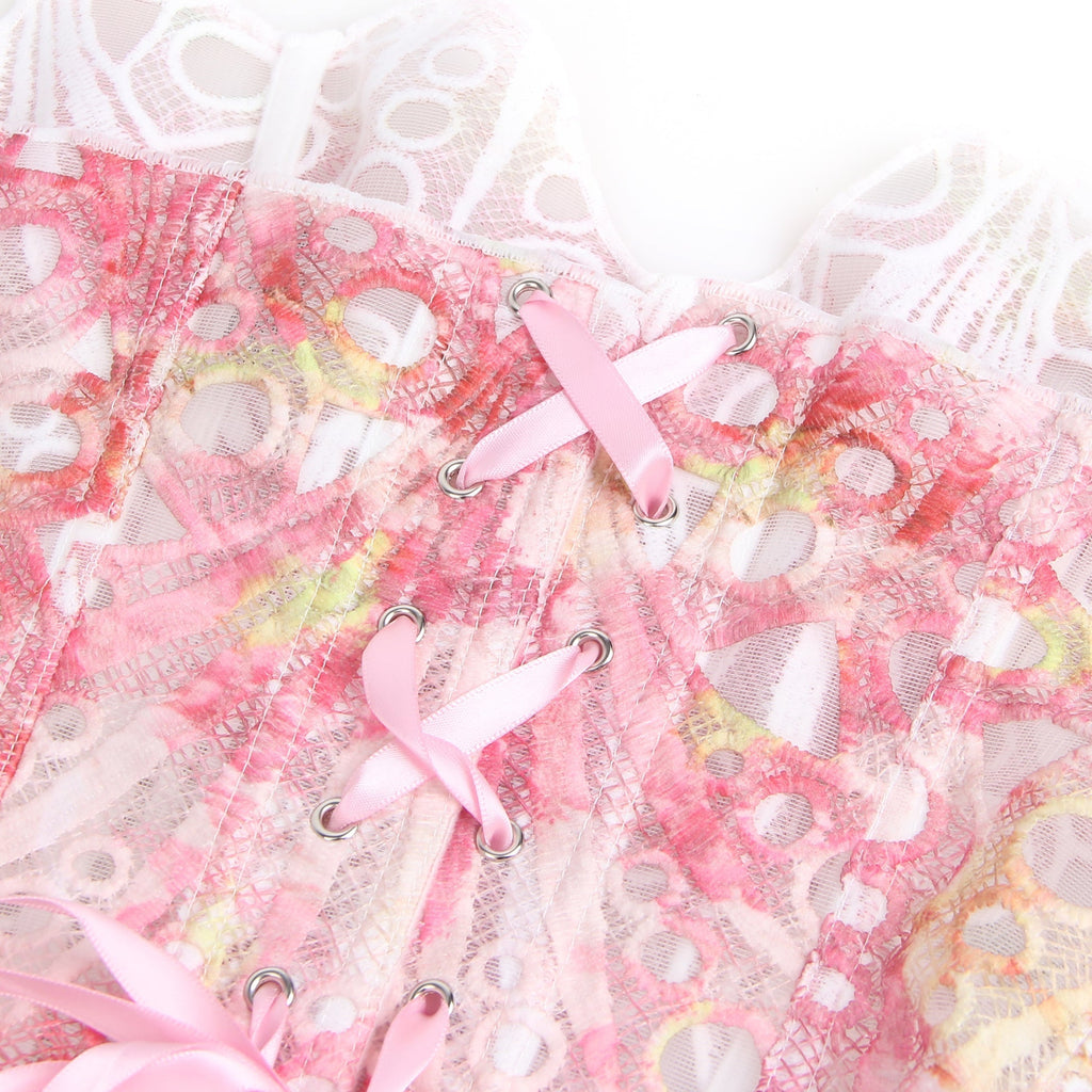 Printed Hollow Lace - Up Corset with 14 Steel Bones - TeaseFashion