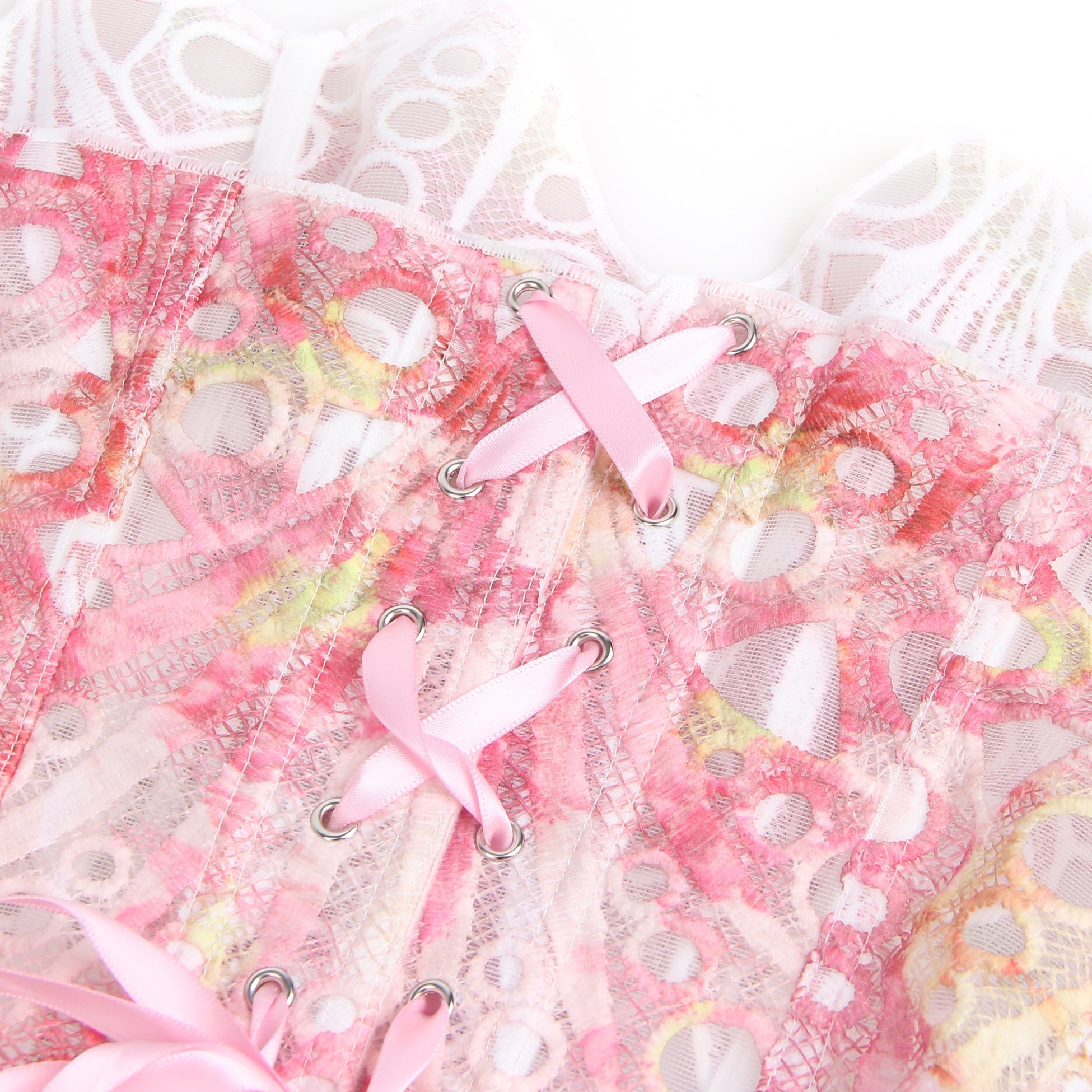 Printed Hollow Lace - Up Corset with 14 Steel Bones - TeaseFashion