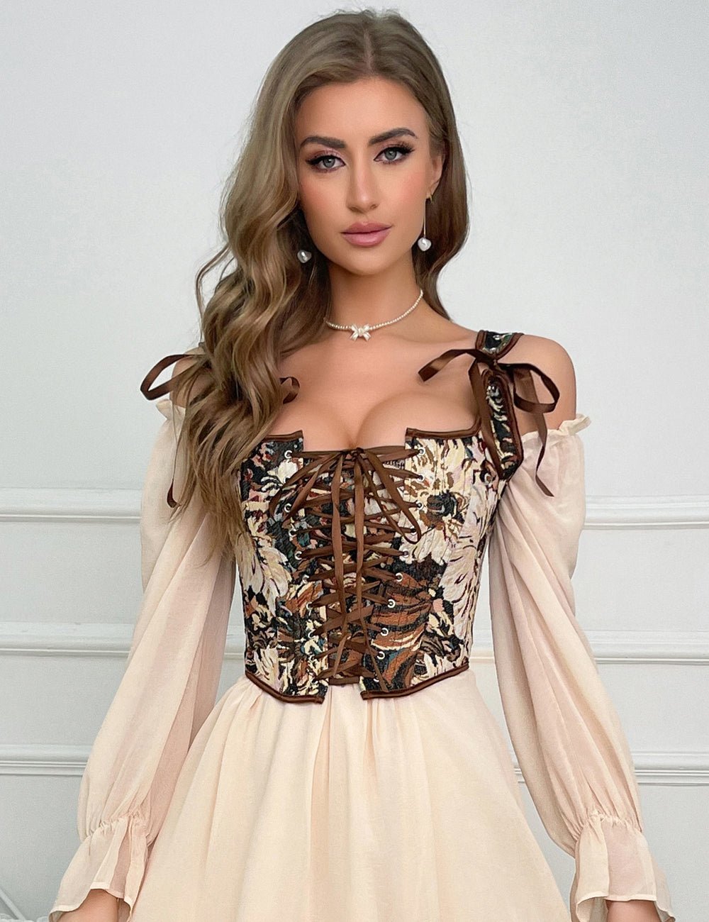 Printed Jacquard Vest Corset – 13 Soft Bones, Cross - Tie & Silk Straps - TeaseFashion