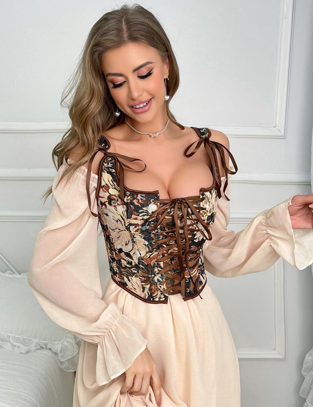 Printed Jacquard Vest Corset – 13 Soft Bones, Cross - Tie & Silk Straps - TeaseFashion