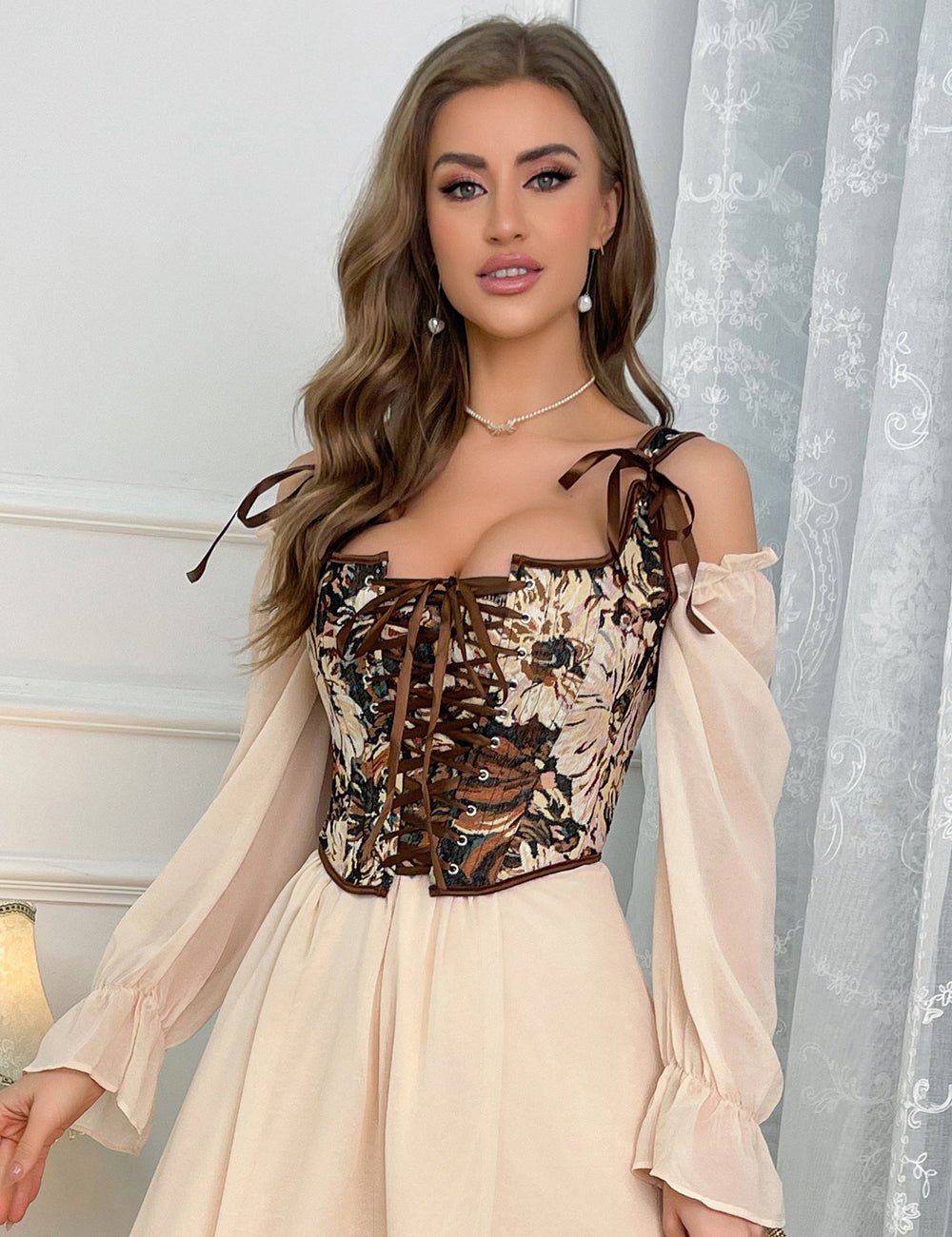 Printed Jacquard Vest Corset – 13 Soft Bones, Cross - Tie & Silk Straps - TeaseFashion