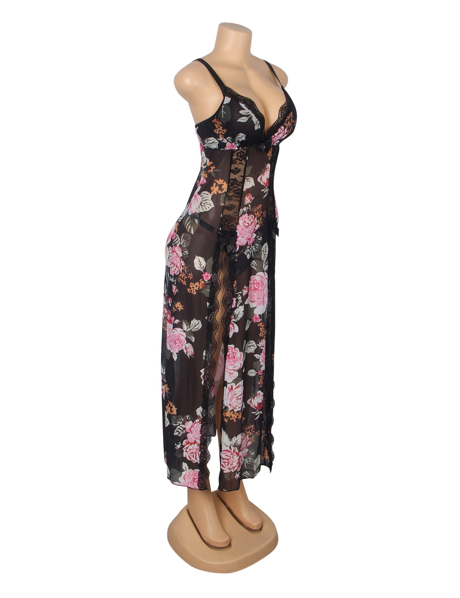 Printing Sexy Mesh Lace Long Split Nightgown - TeaseFashion