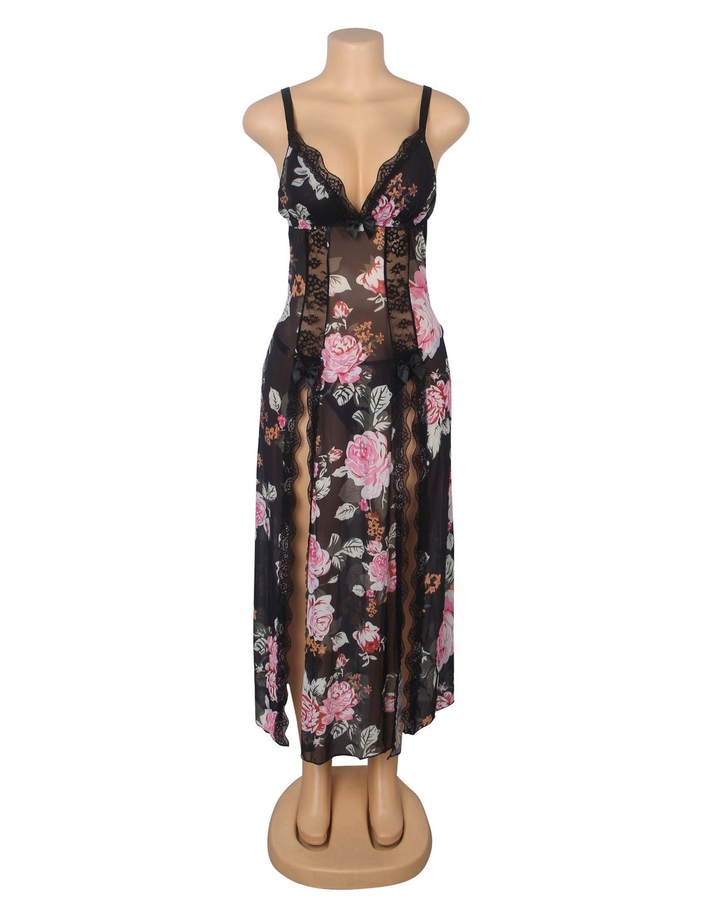 Printing Sexy Mesh Lace Long Split Nightgown - TeaseFashion