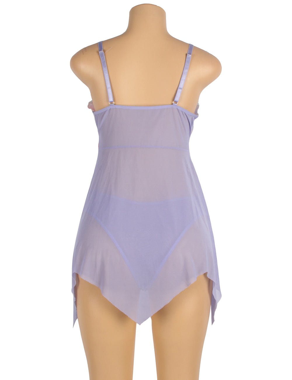 Purple Digital Lace Print Mesh Open - Front Babydoll with Split & Matching Printed Panties - TeaseFashion