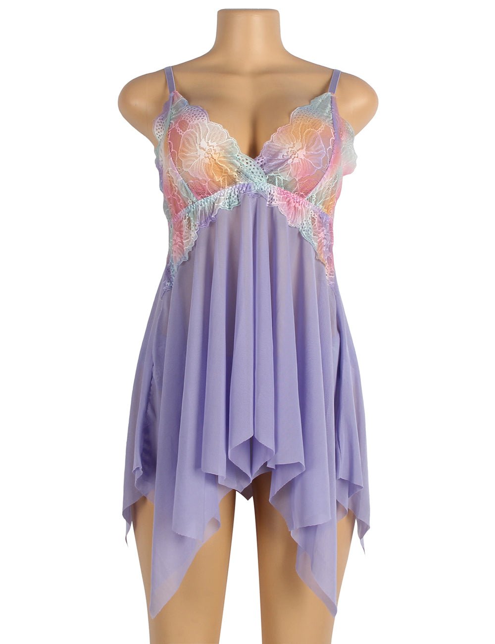 Purple Digital Lace Print Mesh Open - Front Babydoll with Split & Matching Printed Panties - TeaseFashion