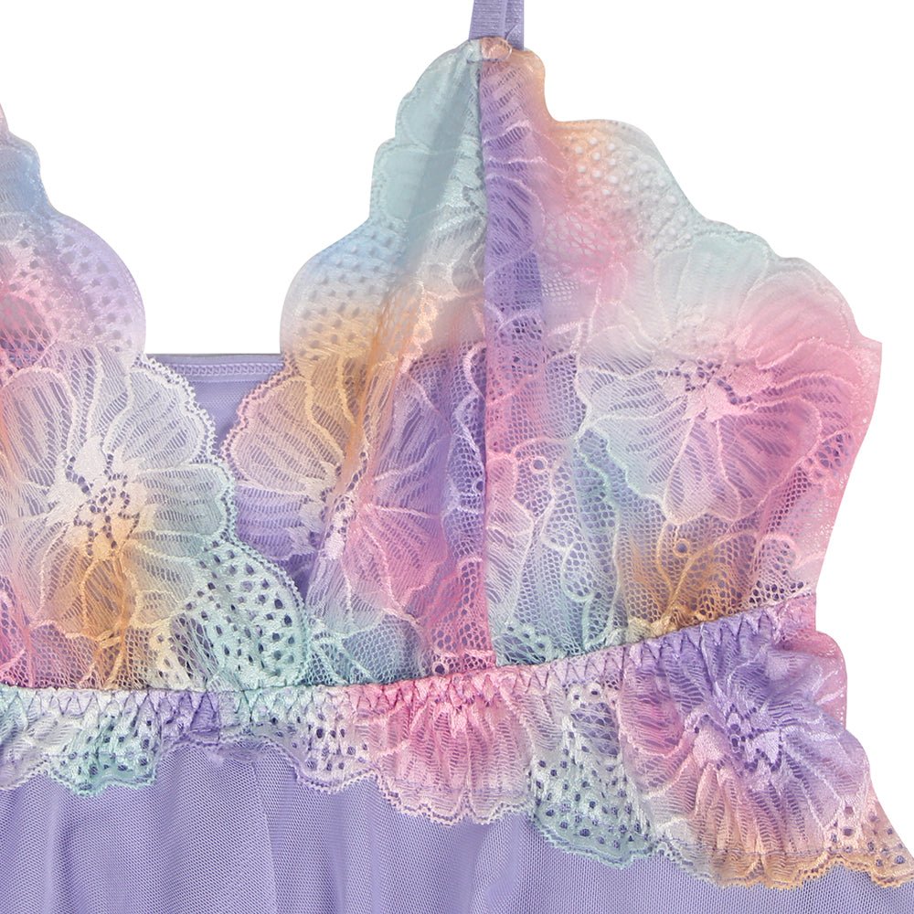 Purple Digital Lace Print Mesh Open - Front Babydoll with Split & Matching Printed Panties - TeaseFashion