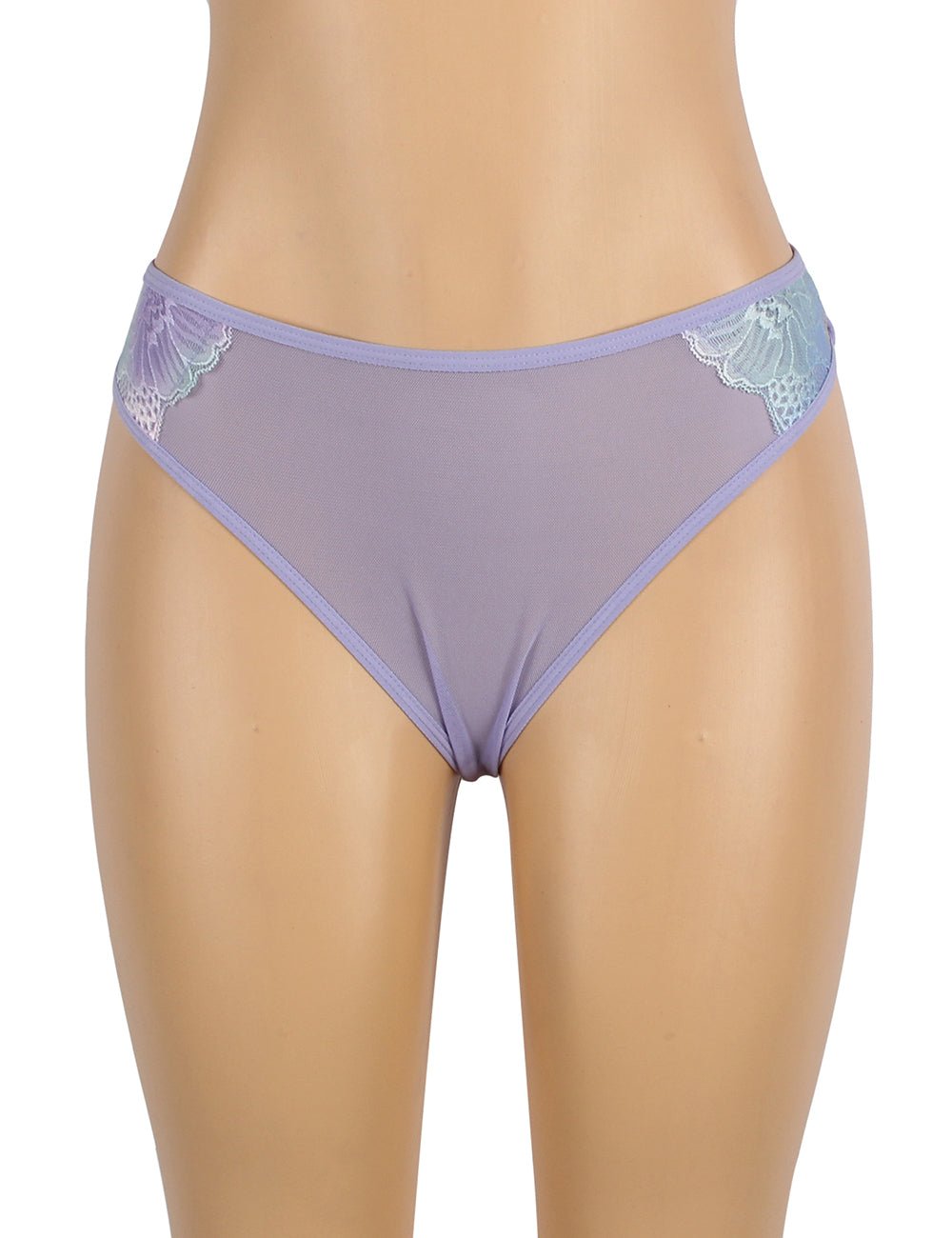Purple Digital Lace Print Mesh Open - Front Babydoll with Split & Matching Printed Panties - TeaseFashion