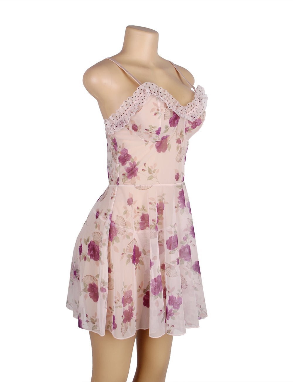 Purple Floral Transparent Babydoll with G - String Set - TeaseFashion