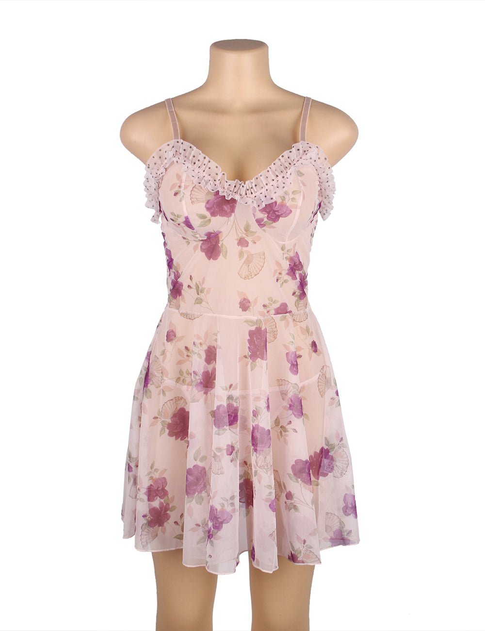 Purple Floral Transparent Babydoll with G - String Set - TeaseFashion