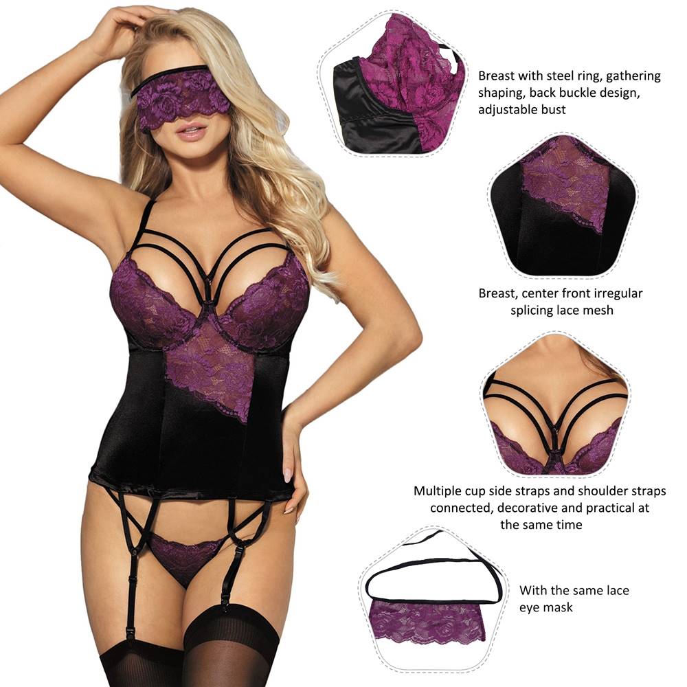 Purple Lace Mesh Bustier Lingerie Set – Push - Up Cups, Multi - Strap Detail, Garter Belt, Thong & Lace Eye Mask Included - TeaseFashion
