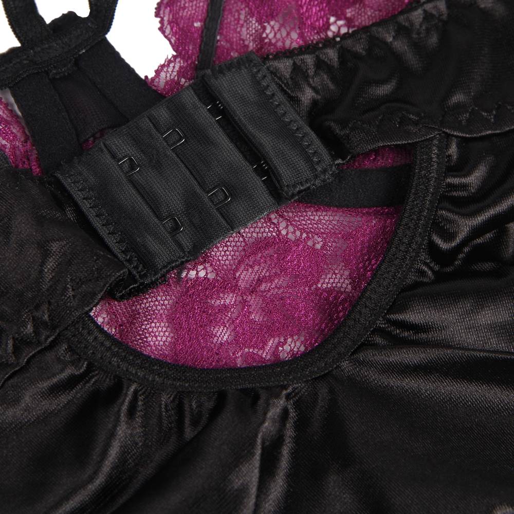 Purple Lace Mesh Bustier Lingerie Set – Push - Up Cups, Multi - Strap Detail, Garter Belt, Thong & Lace Eye Mask Included - TeaseFashion