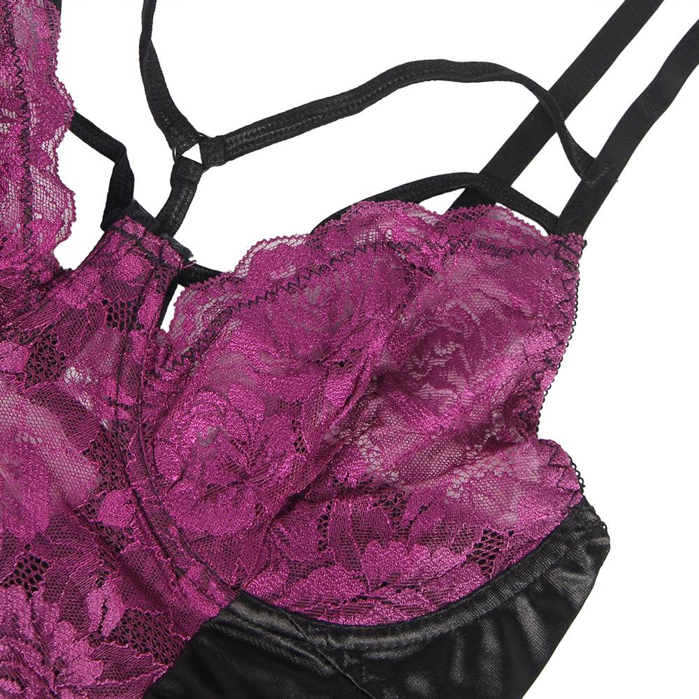 Purple Lace Mesh Bustier Lingerie Set – Push - Up Cups, Multi - Strap Detail, Garter Belt, Thong & Lace Eye Mask Included - TeaseFashion
