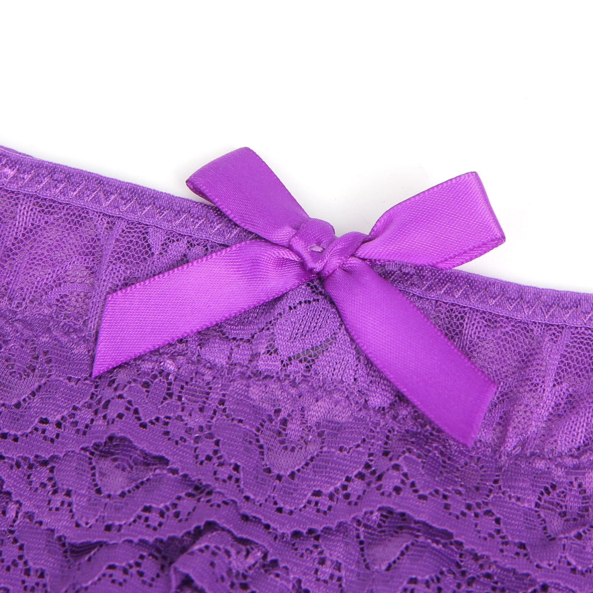 Purple Lace Triangle Panty with Multi - Layer Back Trim, Bow Detail & Open Crotch - TeaseFashion