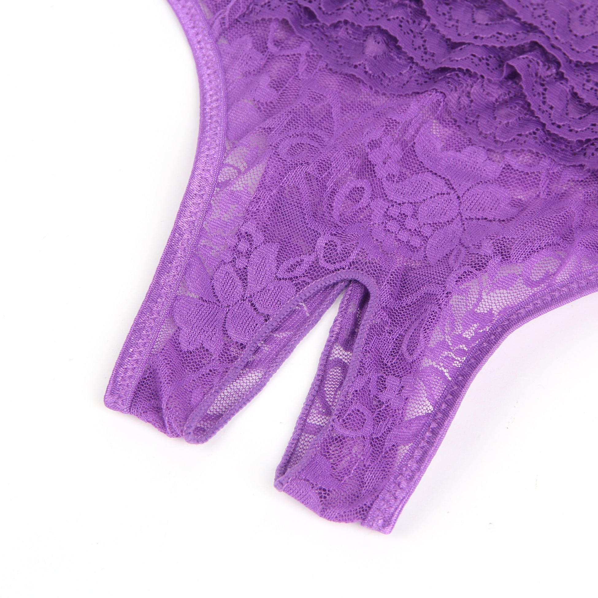 Purple Lace Triangle Panty with Multi - Layer Back Trim, Bow Detail & Open Crotch - TeaseFashion