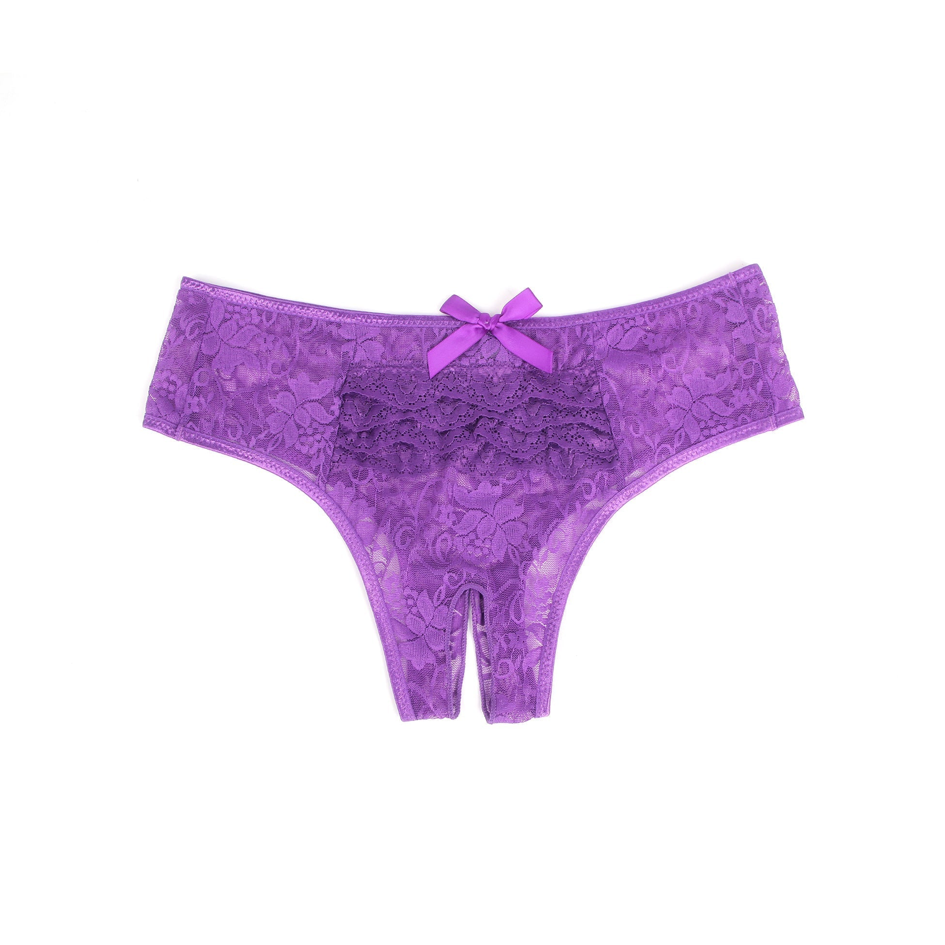 Purple Lace Triangle Panty with Multi - Layer Back Trim, Bow Detail & Open Crotch - TeaseFashion