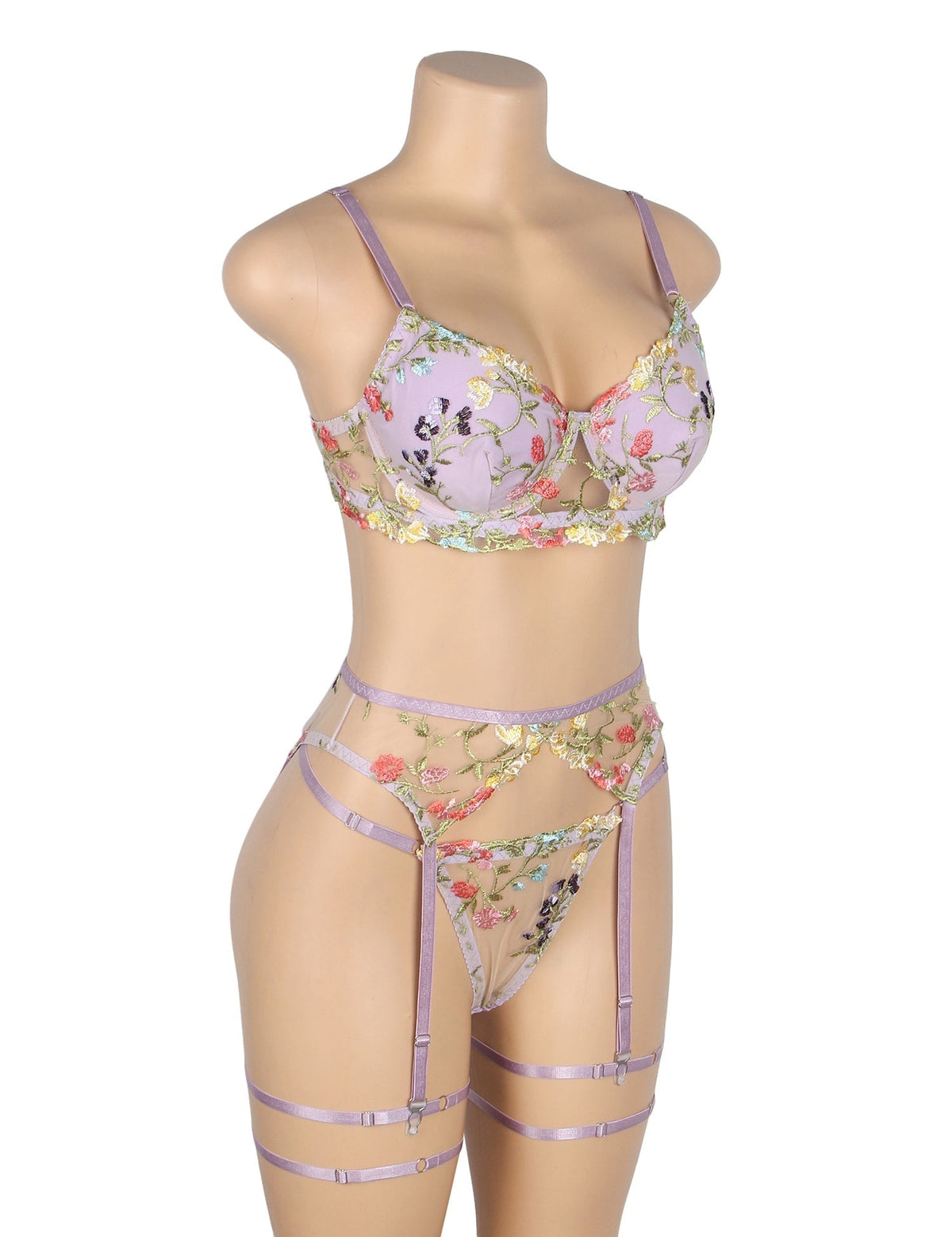 Purple Mesh 3D Floral Embroidery Bra Garter Set – Double - Layer & Underwire - TeaseFashion