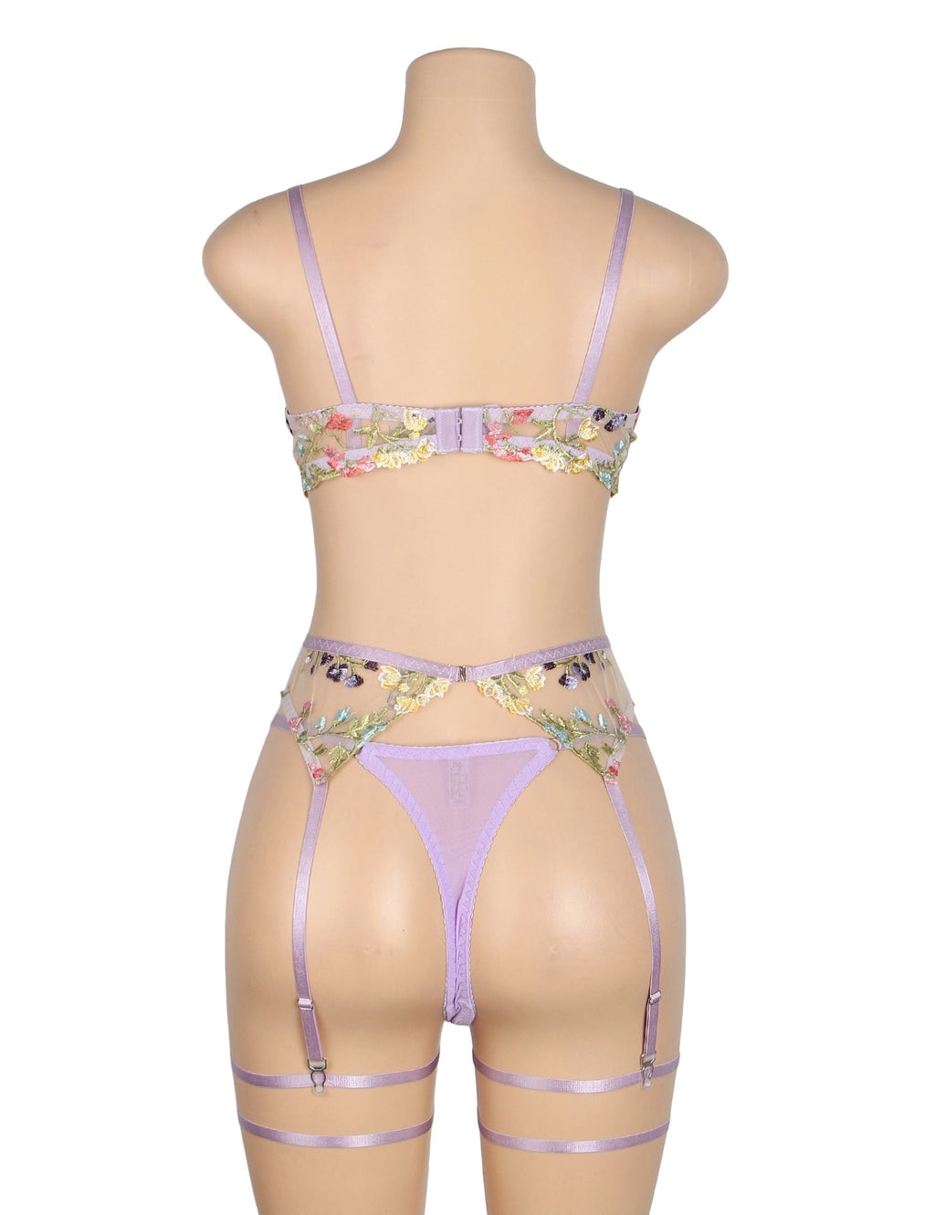 Purple Mesh 3D Floral Embroidery Bra Garter Set – Double - Layer & Underwire - TeaseFashion