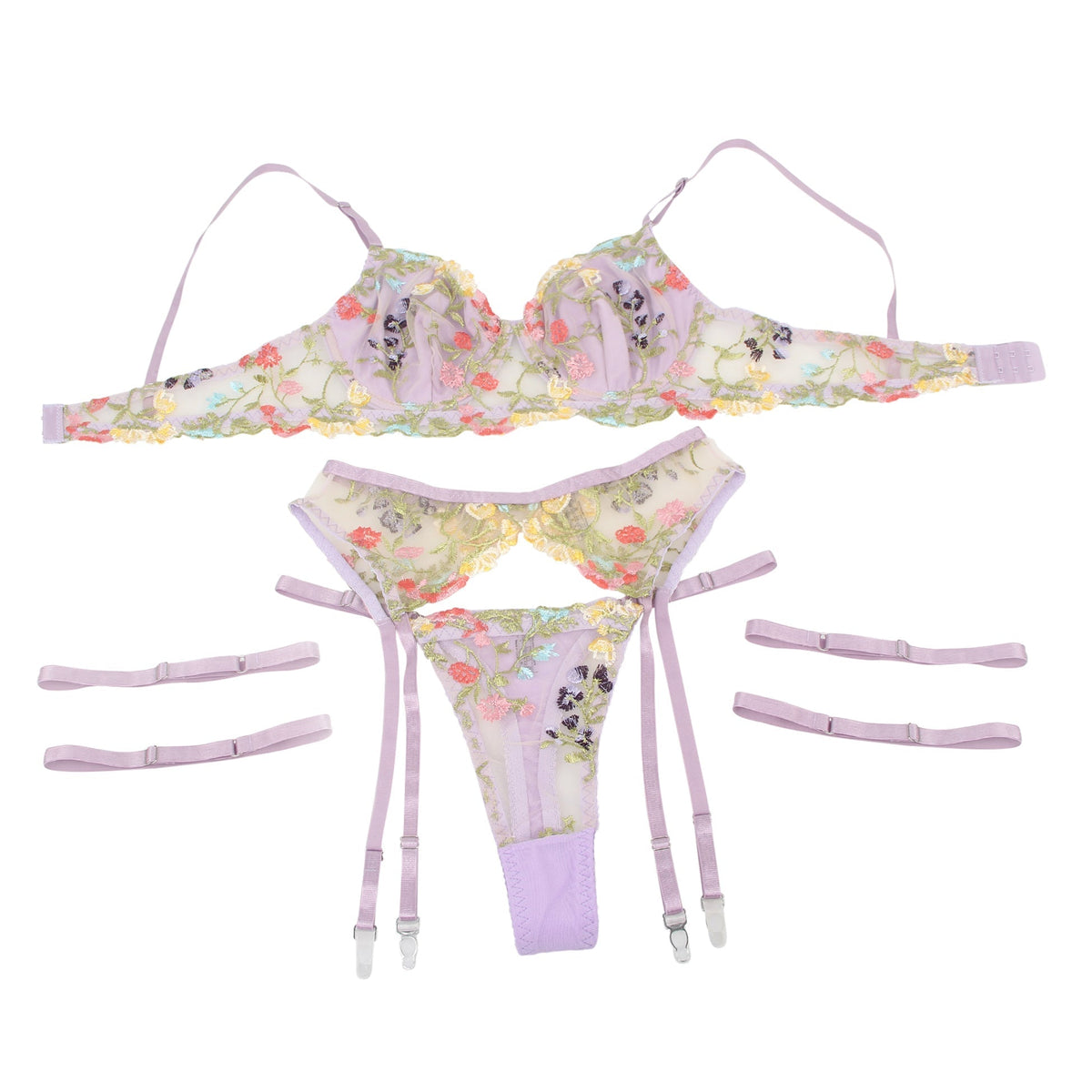 Purple Mesh 3D Floral Embroidery Bra Garter Set – Double - Layer & Underwire - TeaseFashion