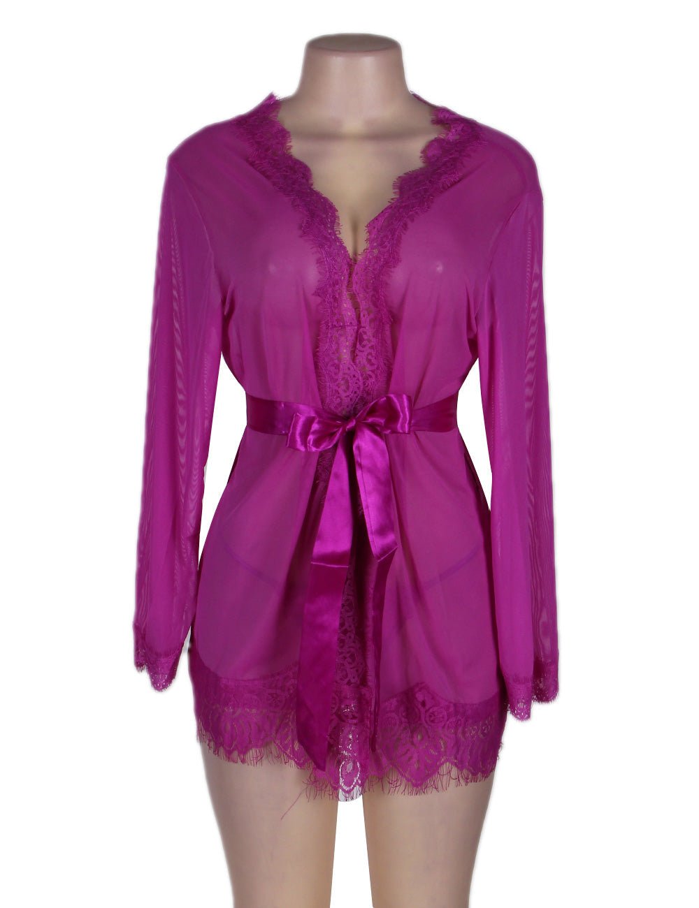 Purple Mesh Babydoll Robe – Long Sleeve, Eyelash Lace Trim, Faux Silk Belt & Matching Thong - TeaseFashion