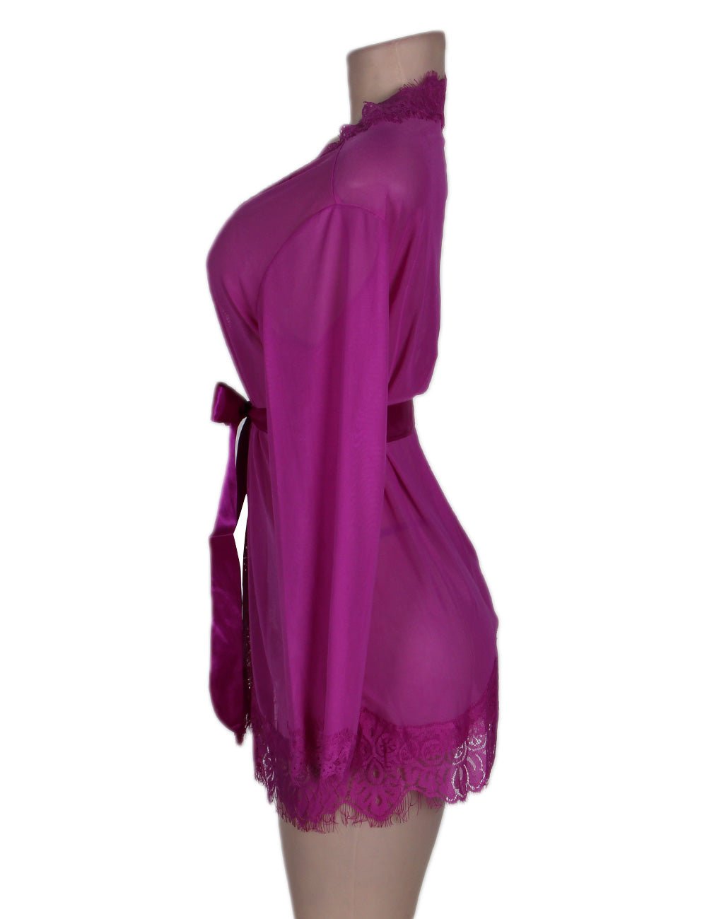 Purple Mesh Babydoll Robe – Long Sleeve, Eyelash Lace Trim, Faux Silk Belt & Matching Thong - TeaseFashion