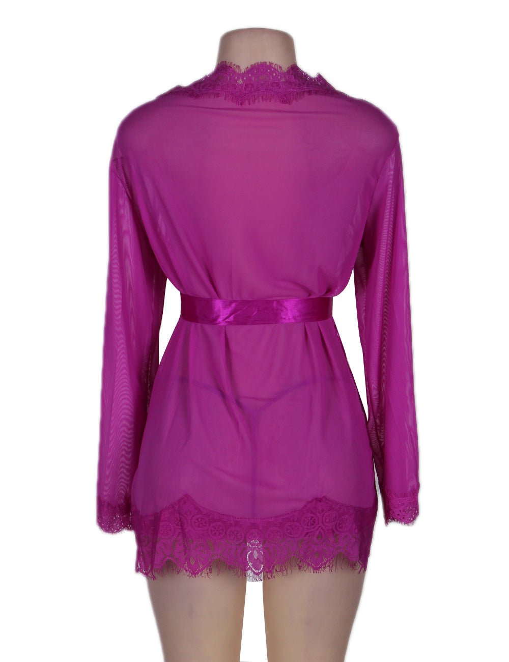 Purple Mesh Babydoll Robe – Long Sleeve, Eyelash Lace Trim, Faux Silk Belt & Matching Thong - TeaseFashion