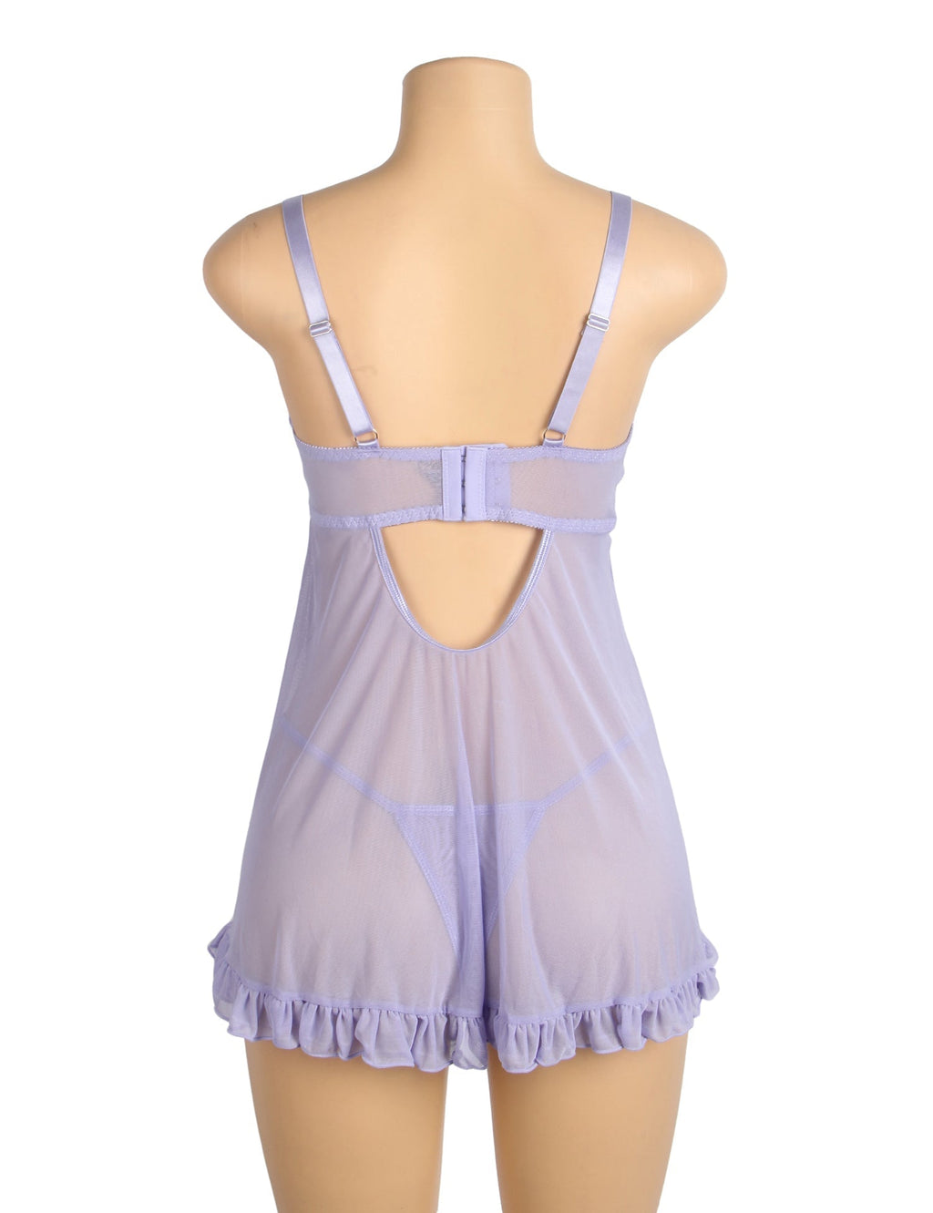 Purple Mesh Babydoll with 3D Floral Embroidery, Bow Accent, Ruffled Hem, Self - Lifting Bust & T - Pants Set - TeaseFashion